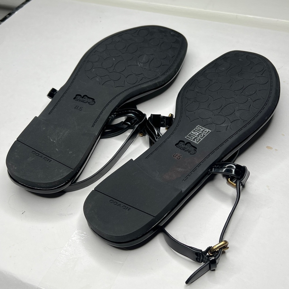 Coach Jeri 8.5 Black Patent Leather Thong Flat Sandals Adjustable Strap - Picture 6 of 11